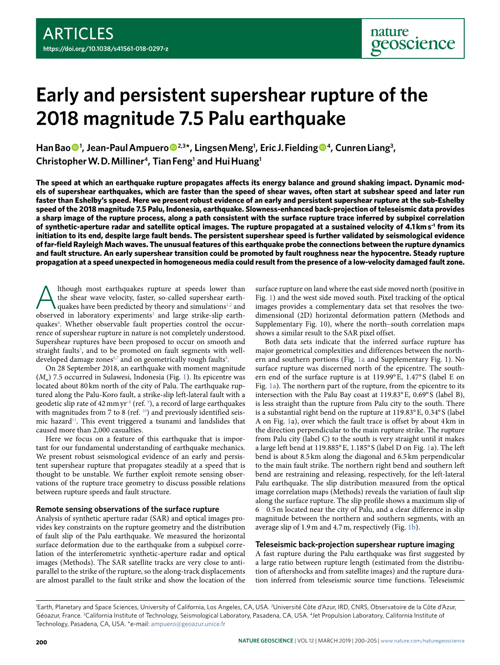 Early and Persistent Supershear Rupture of the 2018 Magnitude 7.5 Palu Earthquake