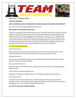 Miranda's Update TEAM SAFE TRUCKING