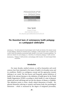 The Theoretical Basis of Contemporary Health Pedagogy As a Pedagogical Subdiscipline