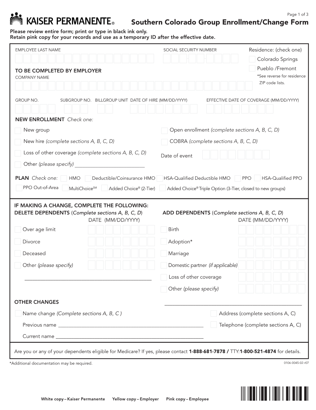 Southern Colorado Enrollment Change Form (Effective 07-09)