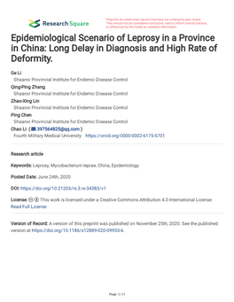 Epidemiological Scenario of Leprosy in a Province in China: Long Delay in Diagnosis and High Rate of Deformity