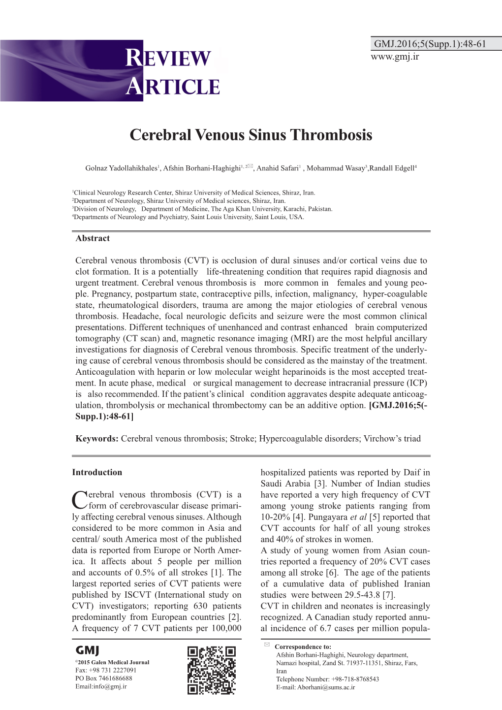 Cerebral Venous Sinus Thrombosis Yadollahikhales G GMJ.2016;5(Supp.1):48-61