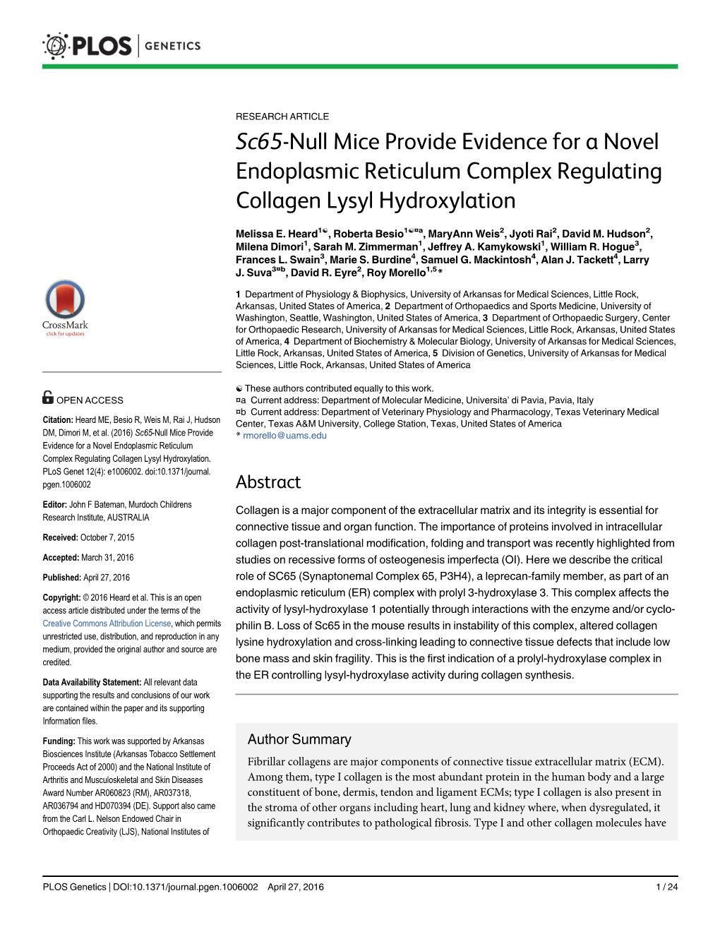Sc65-Null Mice Provide Evidence for a Novel Endoplasmic Reticulum Complex Regulating Collagen Lysyl Hydroxylation