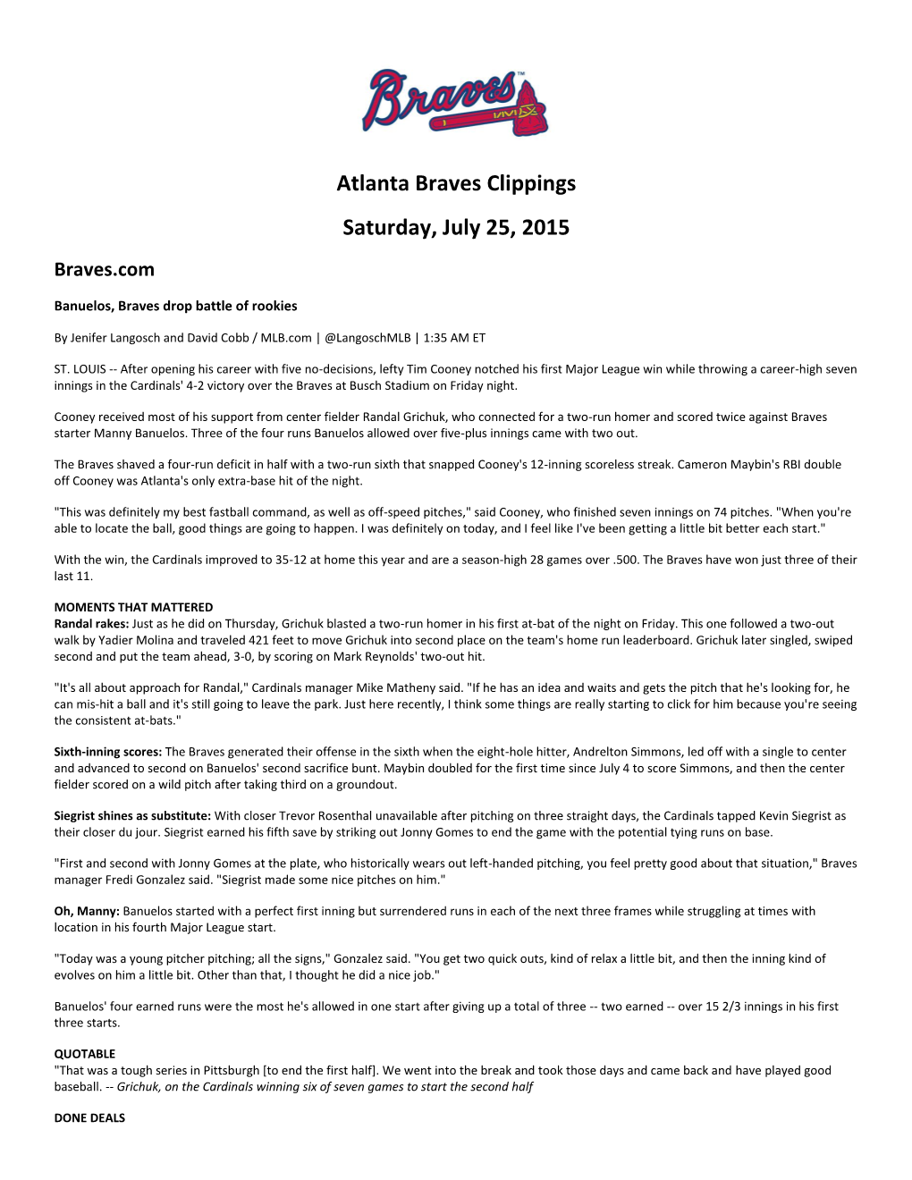 Atlanta Braves Clippings Saturday, July 25, 2015 Braves.Com