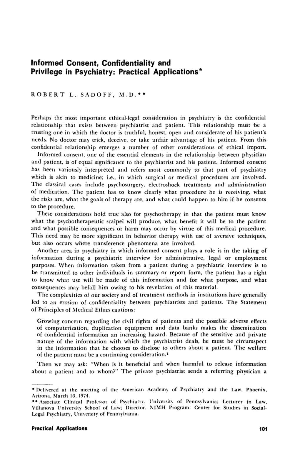 Informed Consent, Confidentiality and Privilege in Psychiatry: Practical Applications·