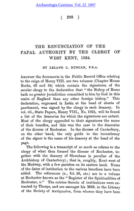The Renunciation of the Papal Authority by the Clergy of West Kent, 1534