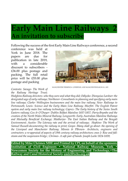 Early Main Line Railways 2 an Invitation to Subscribe