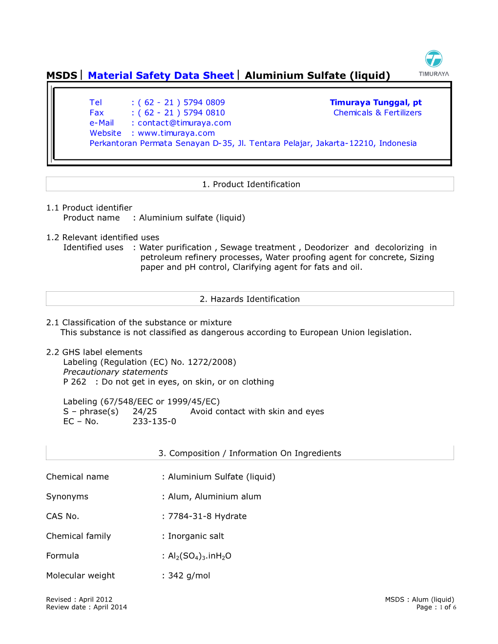 MSDS Material Safety Data Sheet Aluminium Sulfate (Liquid)