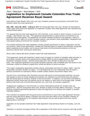 Legislation to Implement Canada-Colombia Free Trade Agreement Receives Royal Assent Page 1 of 2