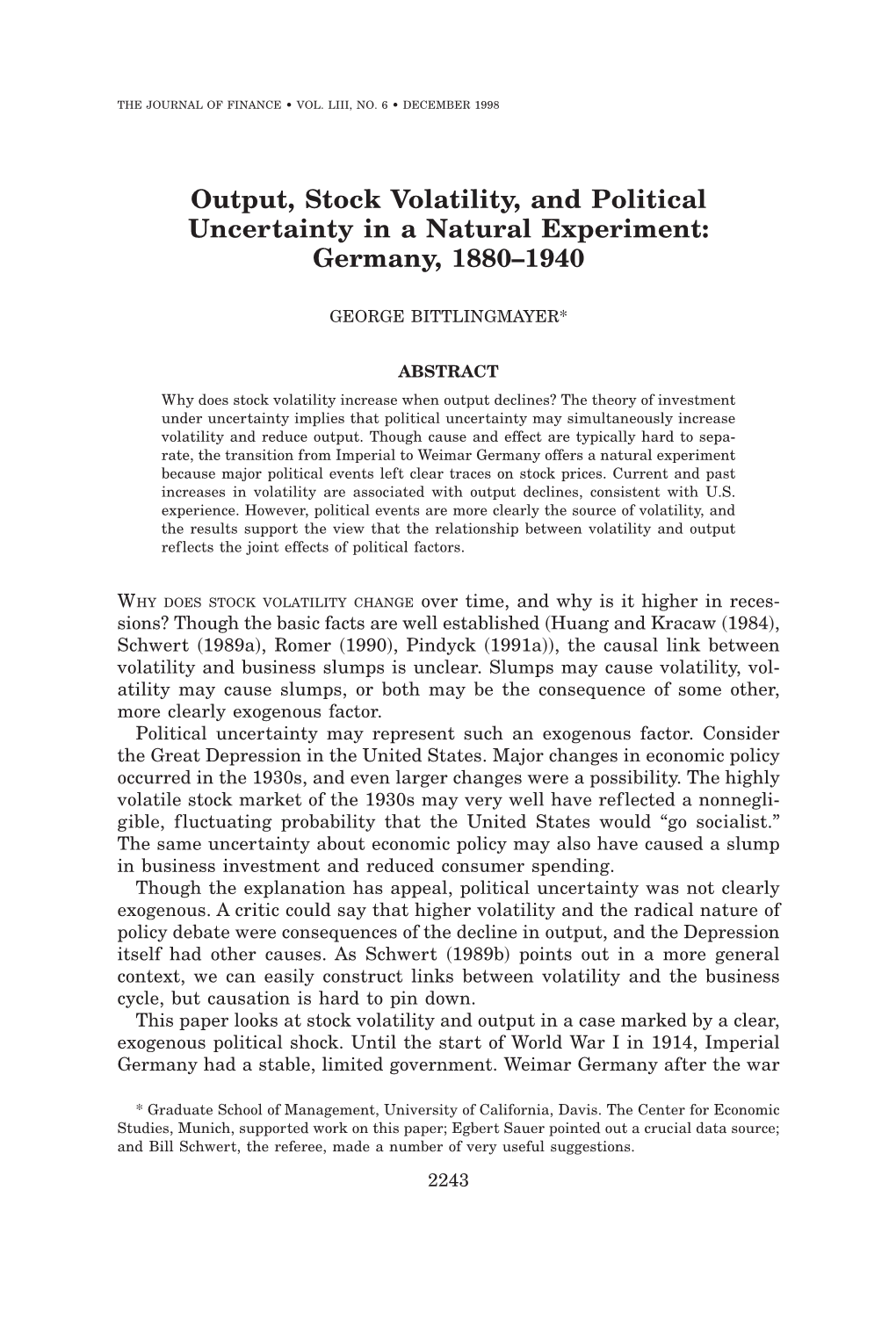 Output, Stock Volatility, and Political Uncertainty in a Natural Experiment: Germany, 1880–1940