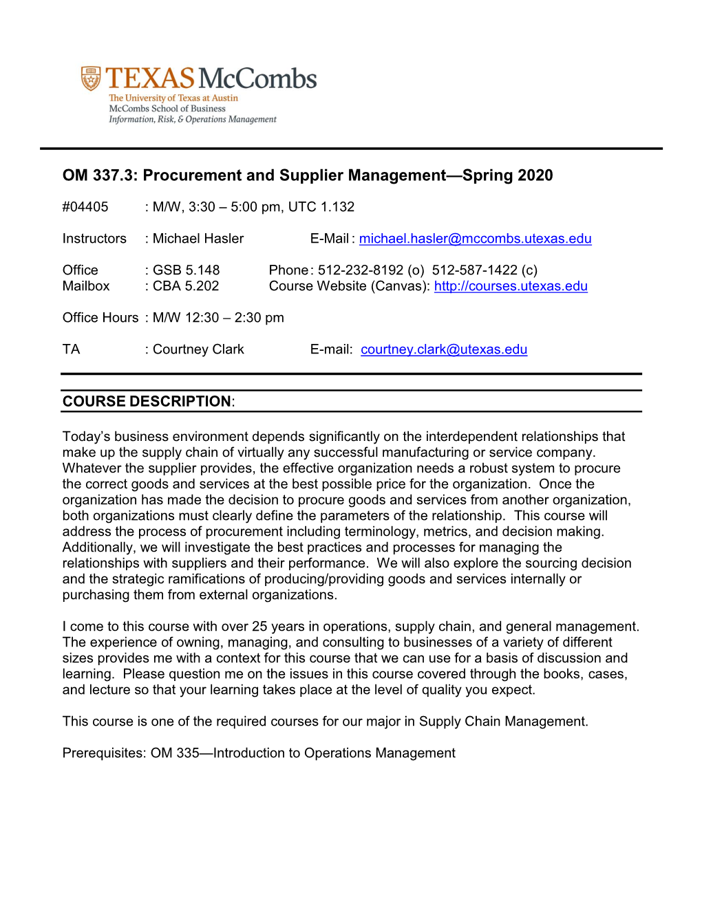 OM 337.3: Procurement and Supplier Management—Spring 2020