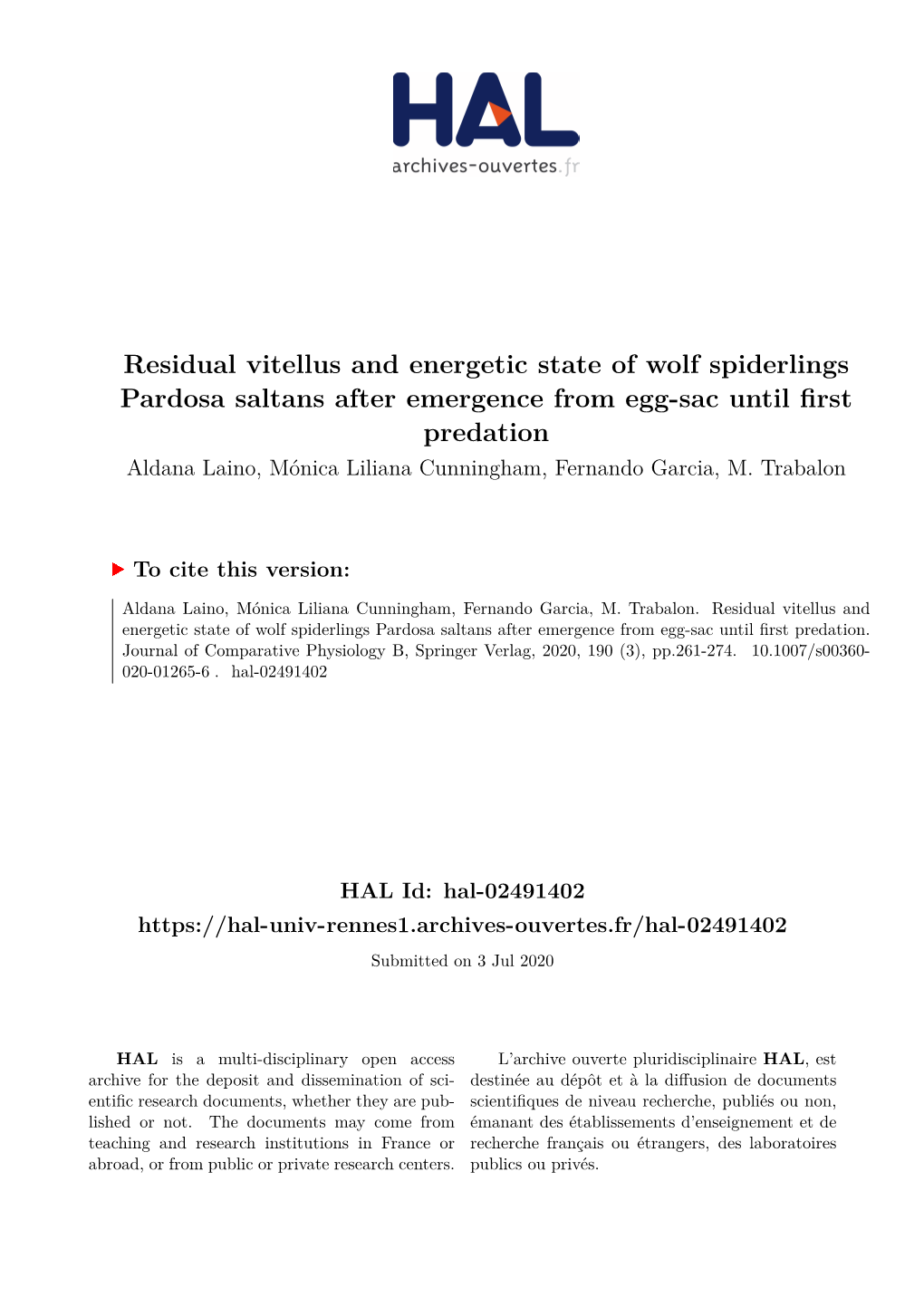 Residual Vitellus and Energetic State of Wolf Spiderlings Pardosa Saltans