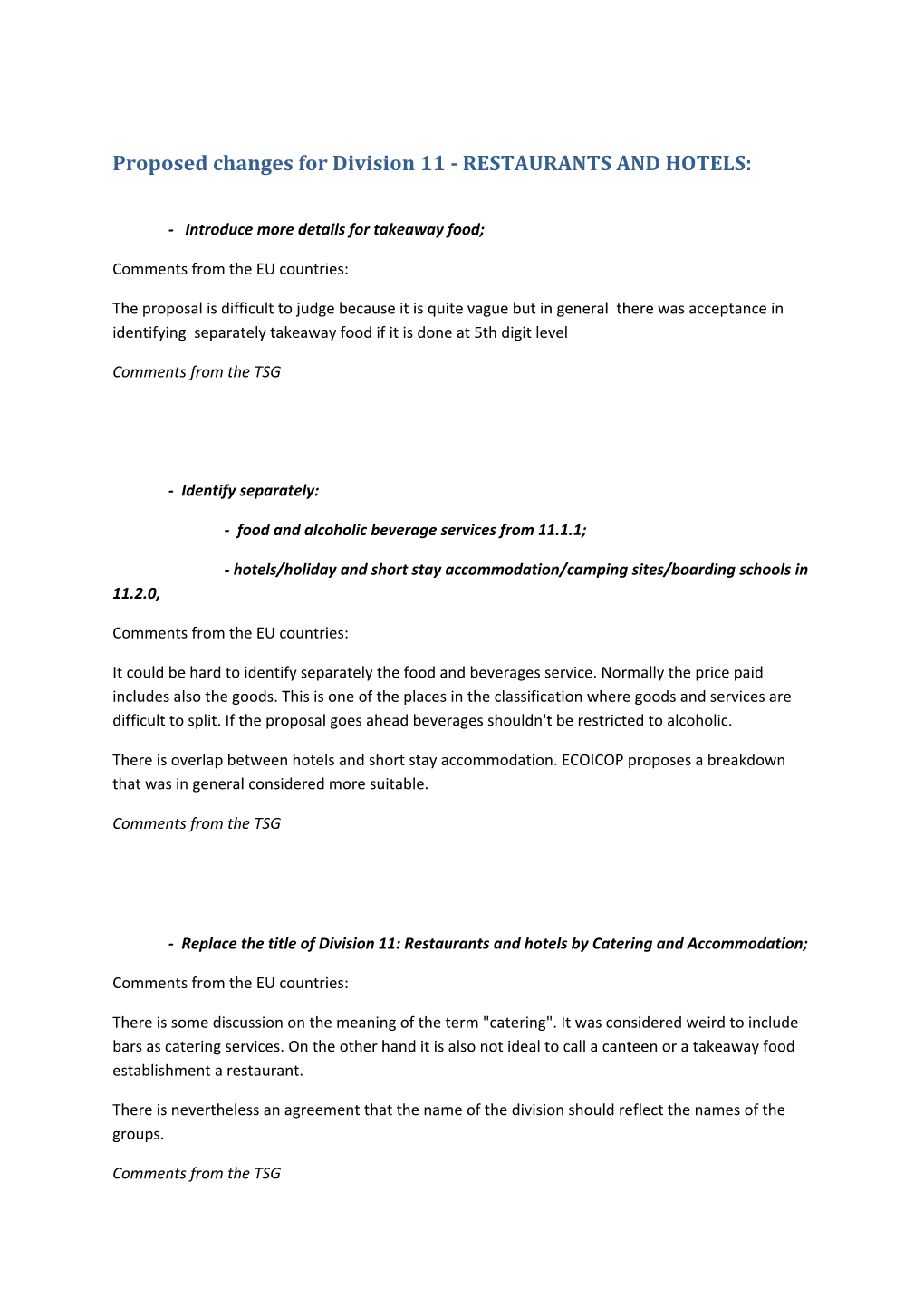 Proposed Changes for Division 11 - RESTAURANTS and HOTELS