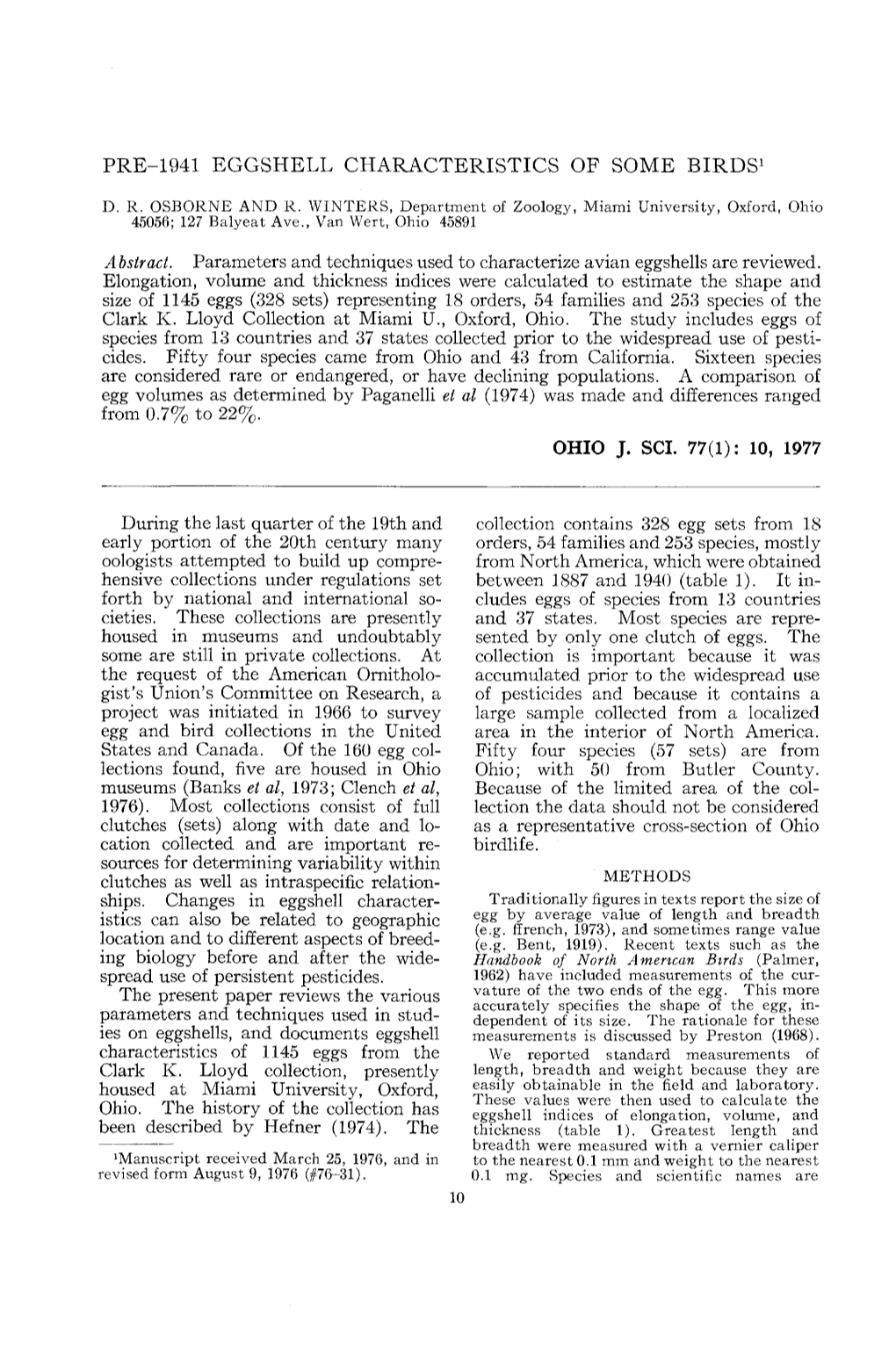 Pre-1941 Eggshell Characteristics of Some Birds1