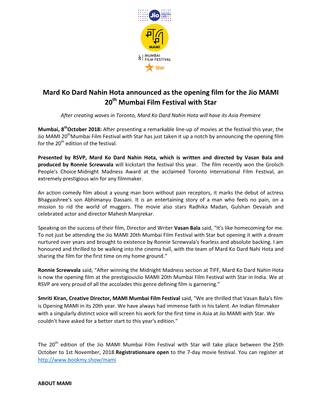 Mard Ko Dard Nahin Hota Announced As the Opening Film for the Jio MAMI 20Th Mumbai Film Festival with Star