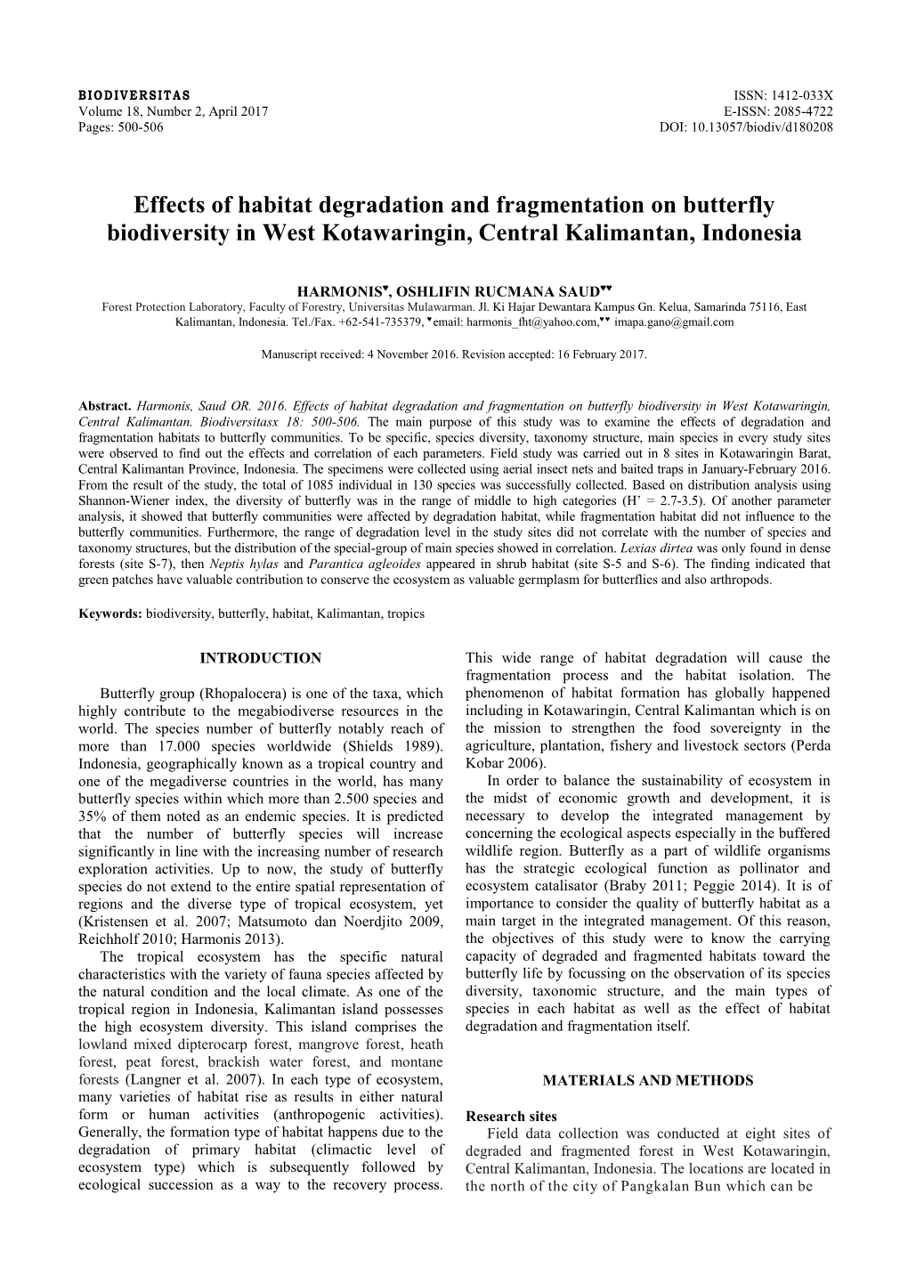 Effects of Habitat Degradation and Fragmentation on Butterfly Biodiversity in West Kotawaringin, Central Kalimantan, Indonesia