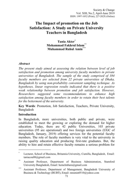 The Impact of Promotion on the Job Satisfaction: a Study on Private University Teachers in Bangladesh