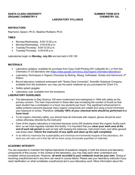 SANTA CLARA UNIVERSITY SUMMER TERM 2019 ORGANIC CHEMISTRY II CHEMISTRY 32L LABORATORY SYLLABUS INSTRUCTORS Raymond, Gipson