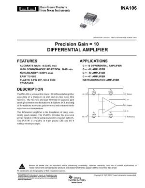 INA106: Precision Gain = 10 Differential Amplifier Datasheet