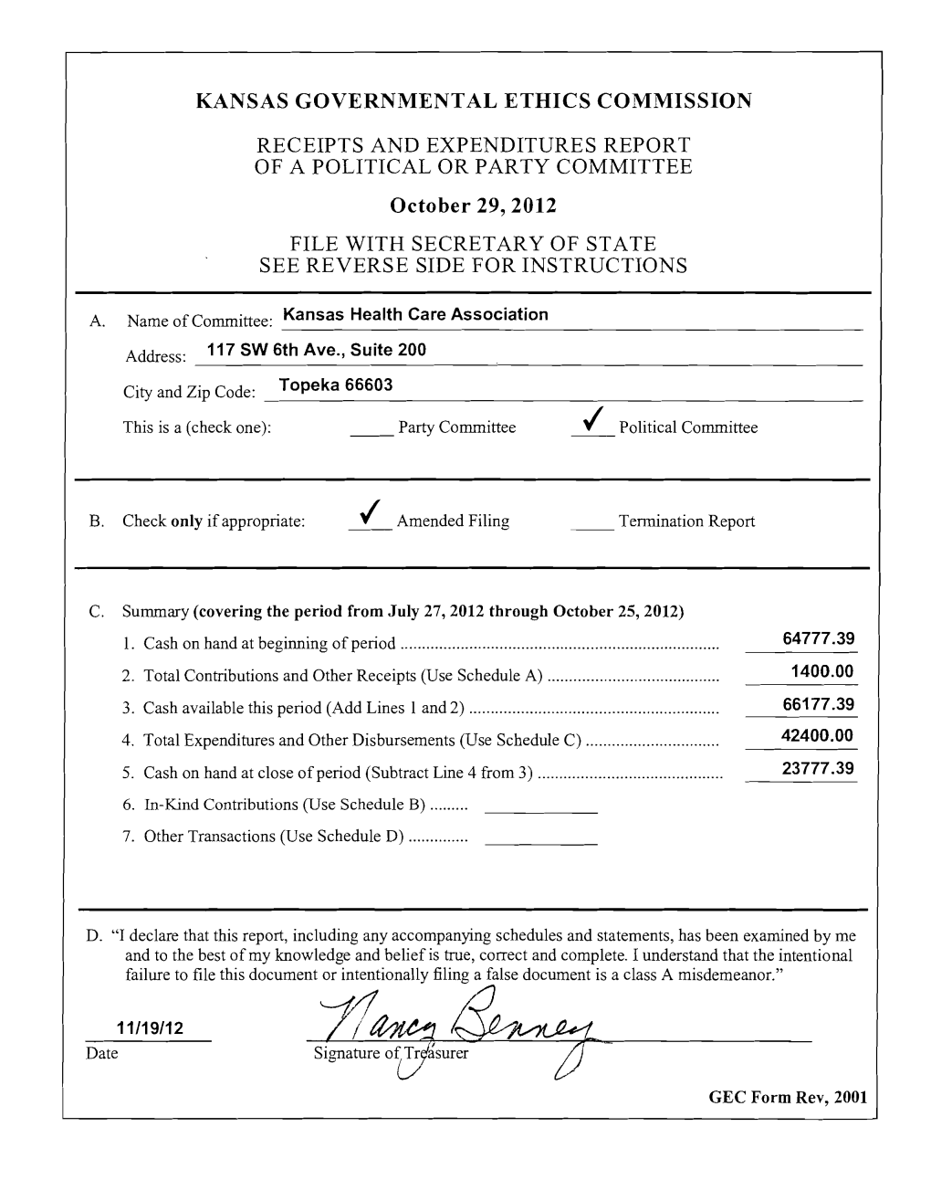 Kansas Governmental Ethics Commission Receipts And