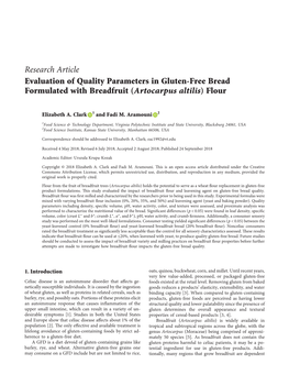 Research Article Evaluation of Quality Parameters in Gluten-Free Bread Formulated with Breadfruit (Artocarpus Altilis) Flour