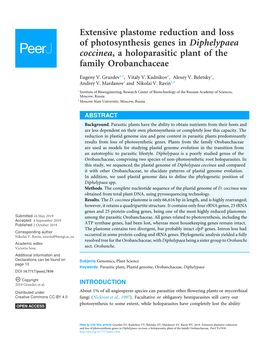 Extensive Plastome Reduction and Loss of Photosynthesis Genes in Diphelypaea Coccinea, a Holoparasitic Plant of the Family Orobanchaceae