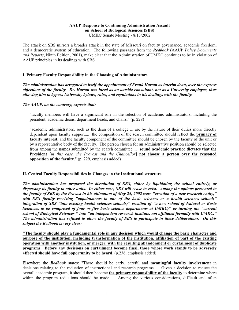 AAUP Response to Continuing Administration Assault on School of Biological Sciences (SBS) UMKC Senate Meeting - 8/13/2002