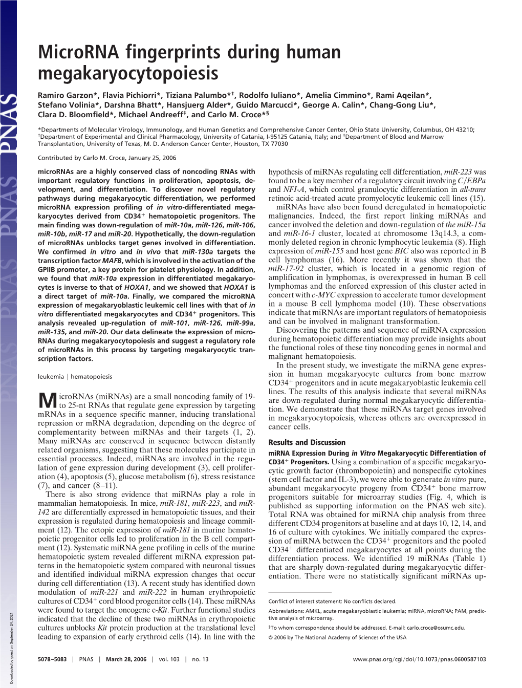 Microrna Fingerprints During Human Megakaryocytopoiesis