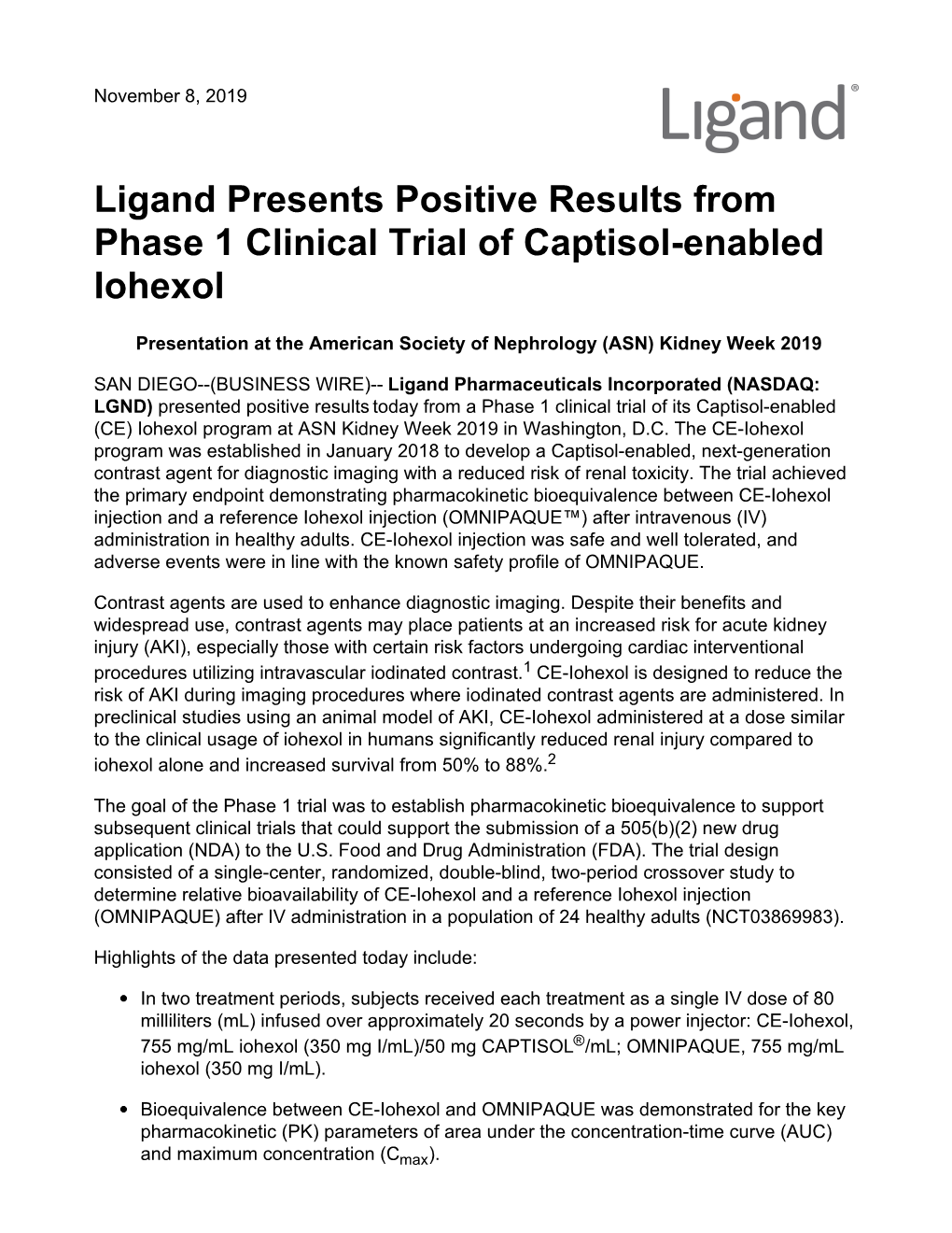 Ligand Presents Positive Results from Phase 1 Clinical Trial of Captisol-Enabled Iohexol