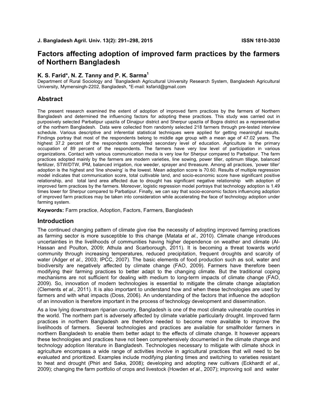 Factors Affecting Adoption of Improved Farm Practices by the Farmers of Northern Bangladesh