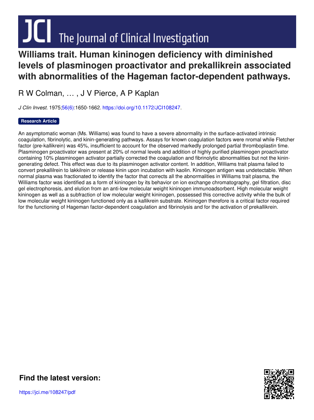 Williams Trait. Human Kininogen Deficiency with Diminished