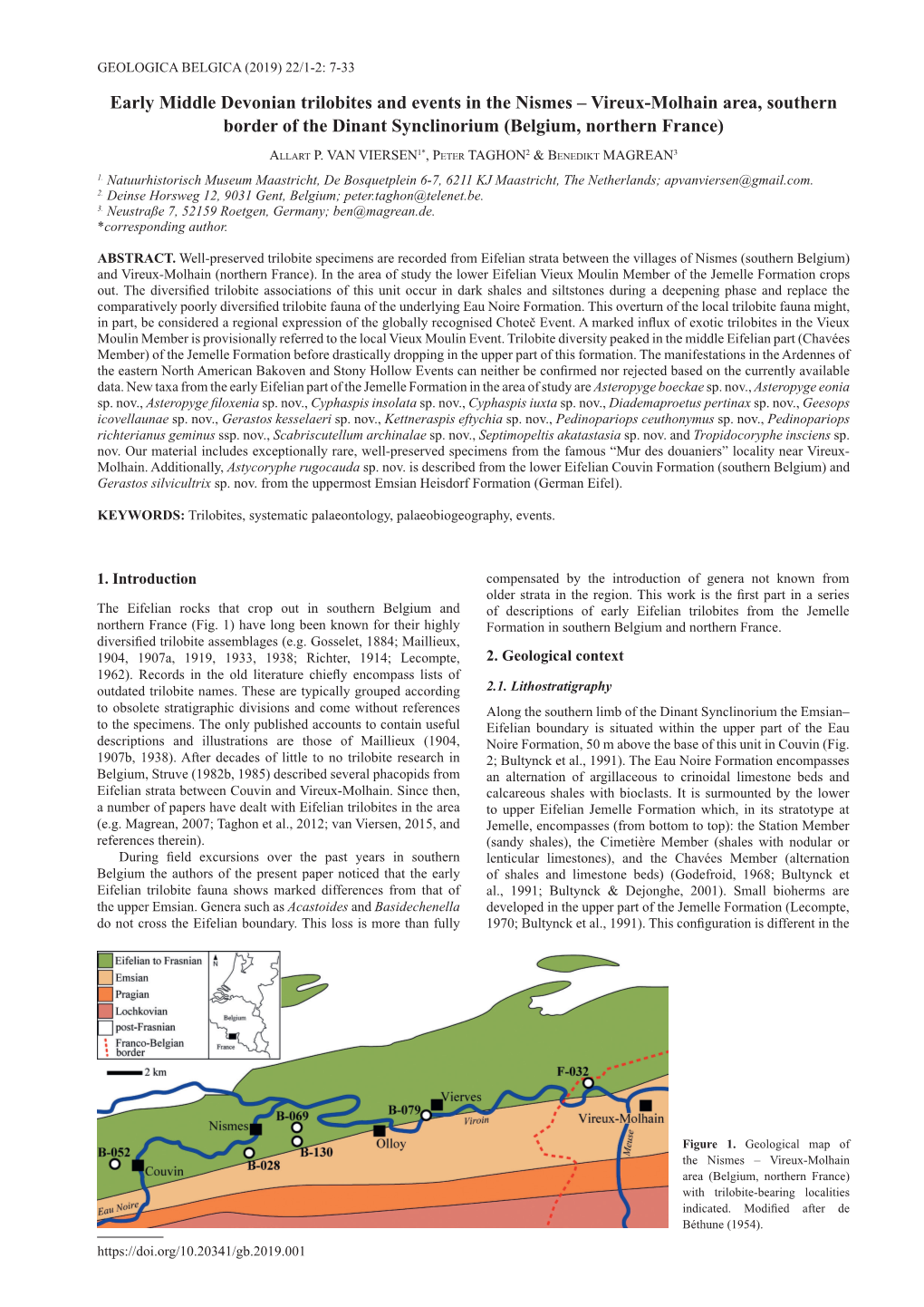 Early Middle Devonian Trilobites and Events in the Nismes – Vireux-Molhain Area, Southern Border of the Dinant Synclinorium (Belgium, Northern France)