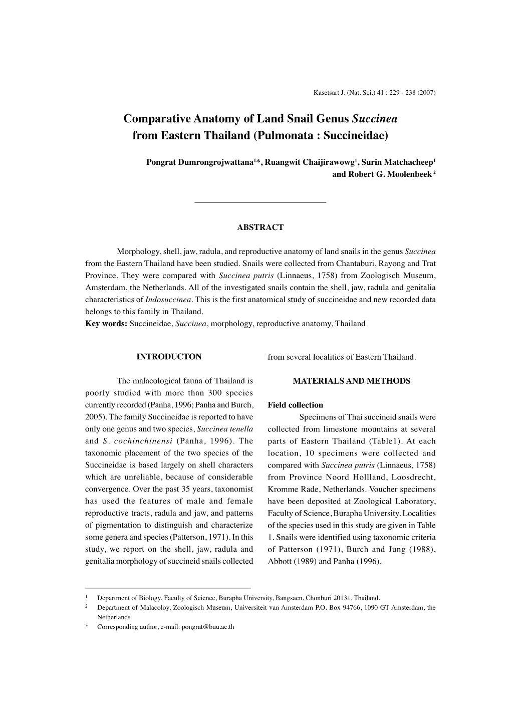 Comparative Anatomy of Land Snail Genus Succinea from Eastern Thailand (Pulmonata : Succineidae)