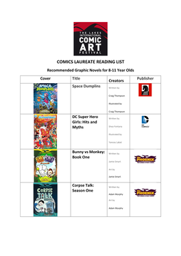 COMICS LAUREATE READING LIST Recommended Graphic Novels for 8-11 Year Olds Cover Title Publisher Creators