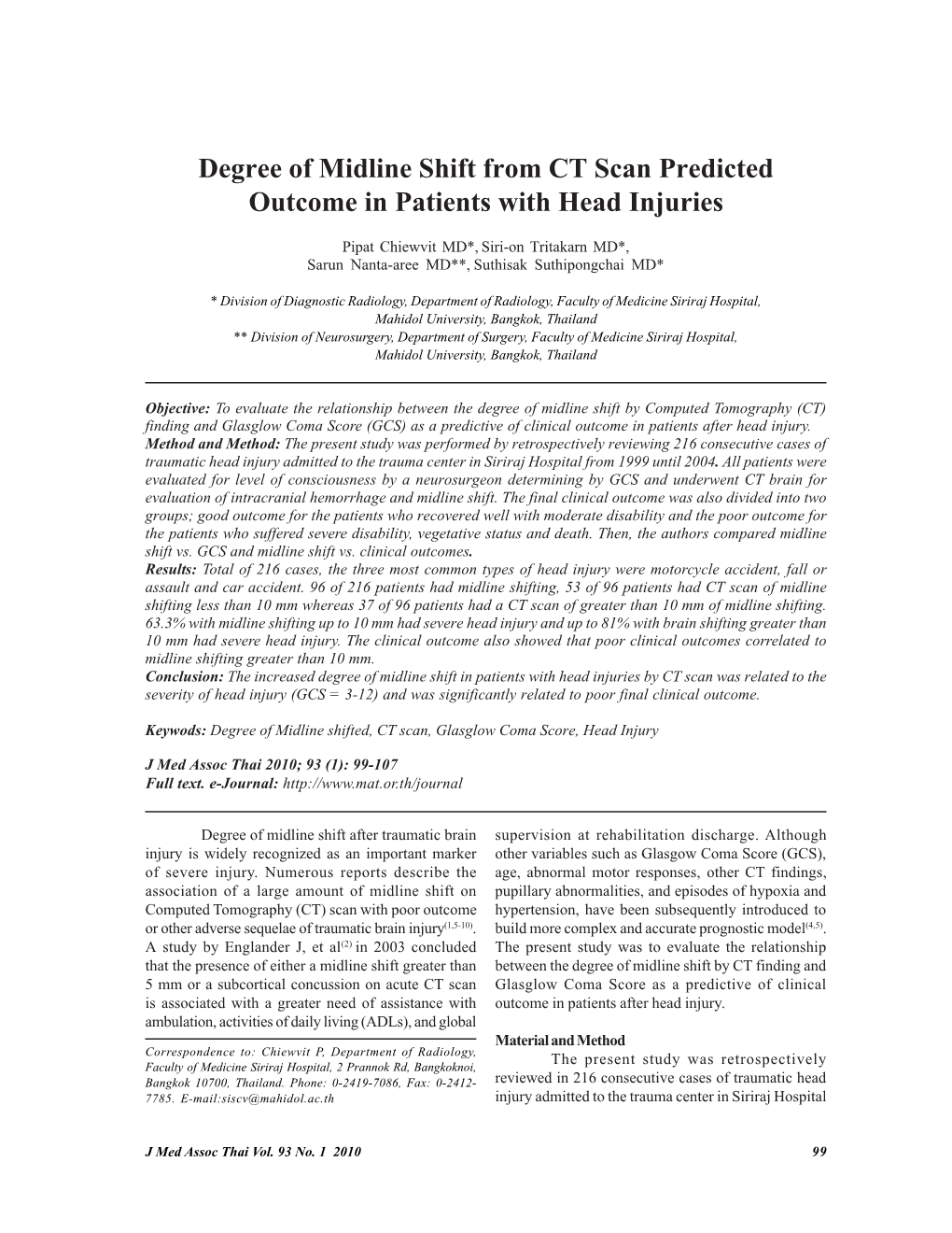 Degree of Midline Shift from CT Scan Predicted Outcome in Patients with Head Injuries