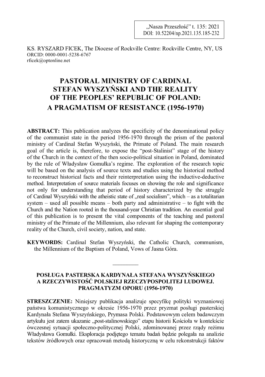 Pastoral Ministry of Cardinal Stefan Wyszyński and the Reality of the Peoples’ Republic of Poland: a Pragmatism of Resistance (1956-1970)