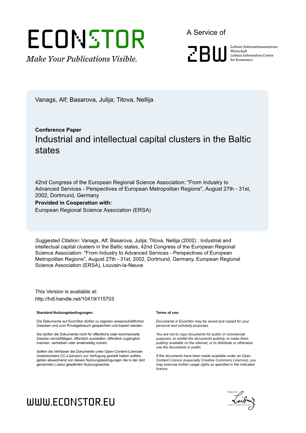 Industrial and Intellectual Capital Clusters in the Baltic States