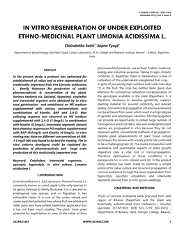 In Vitro Regeneration of Under Exploited Ethno-Medicinal Plant Limonia Acidissima L