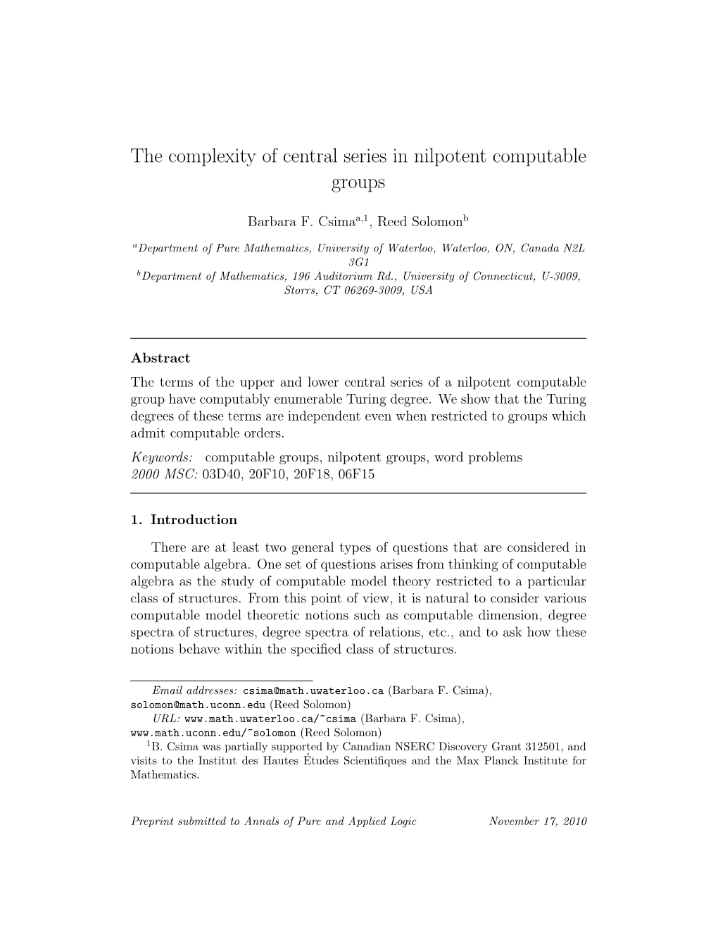 The Complexity of Central Series in Nilpotent Computable Groups