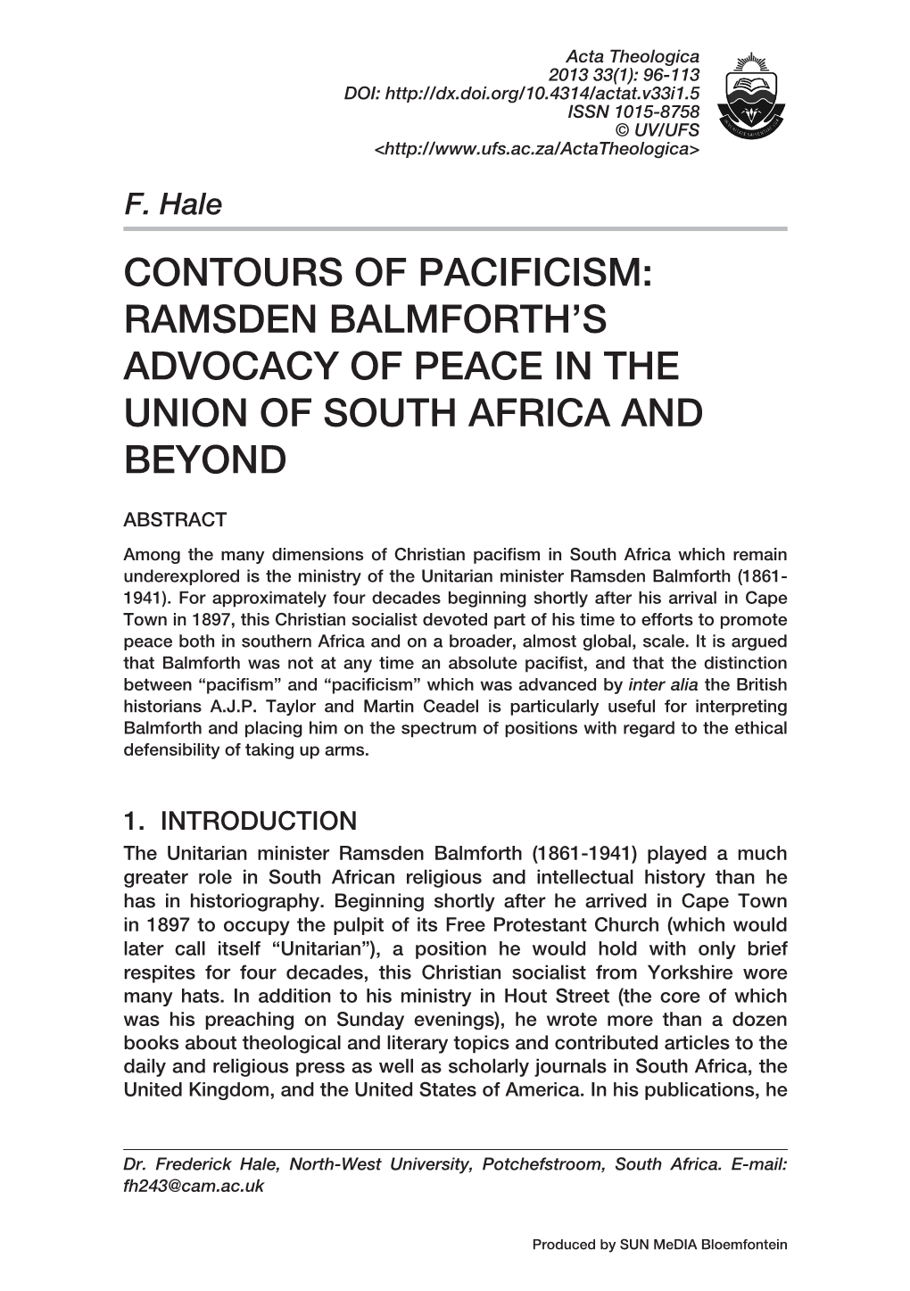 Contours of Pacificism: Ramsden Balmforth's Advocacy of Peace in the Union of South Africa and Beyond