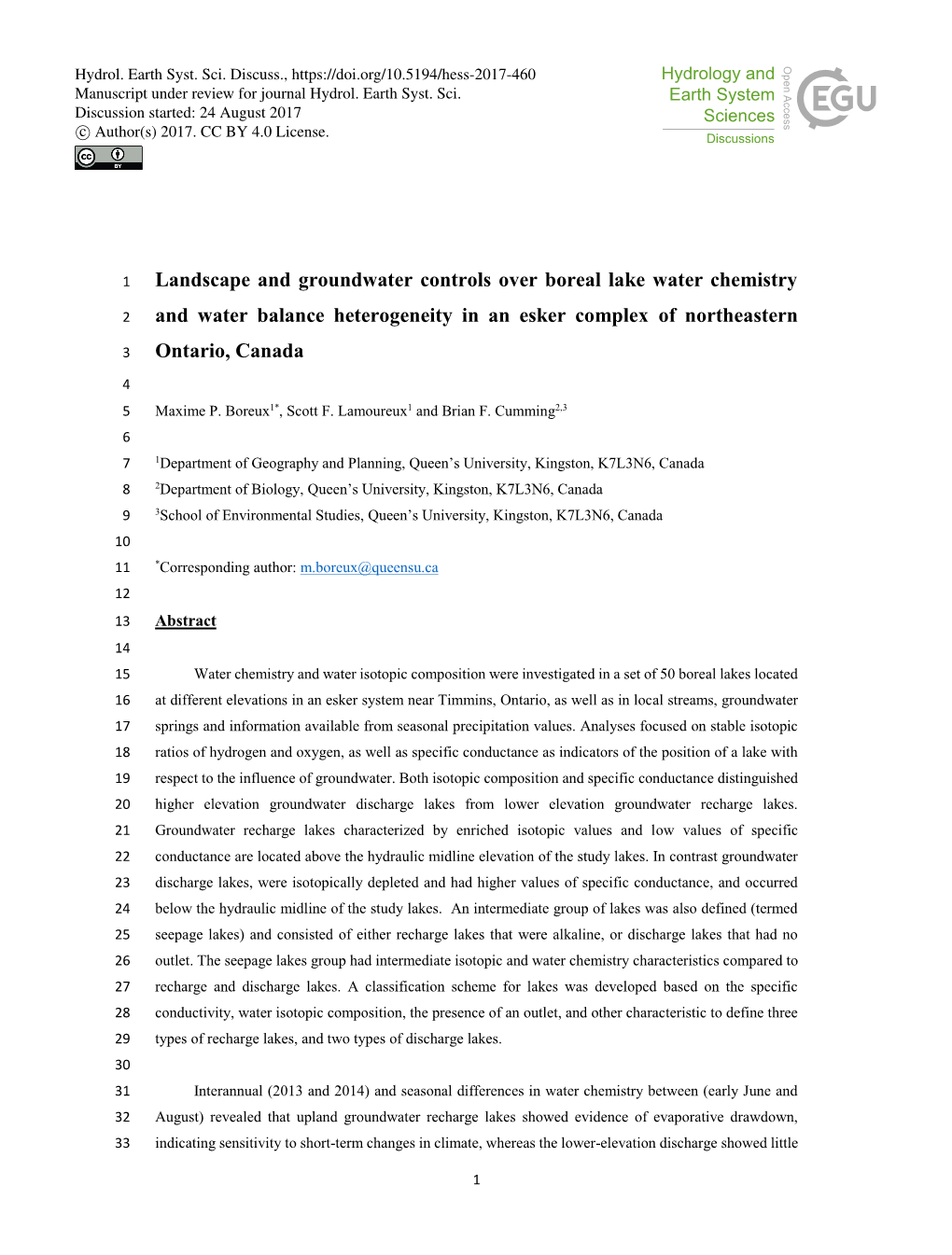 Landscape and Groundwater Controls Over Boreal Lake Water Chemistry