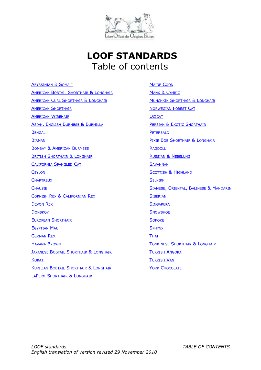 LOOF STANDARDS Table of Contents