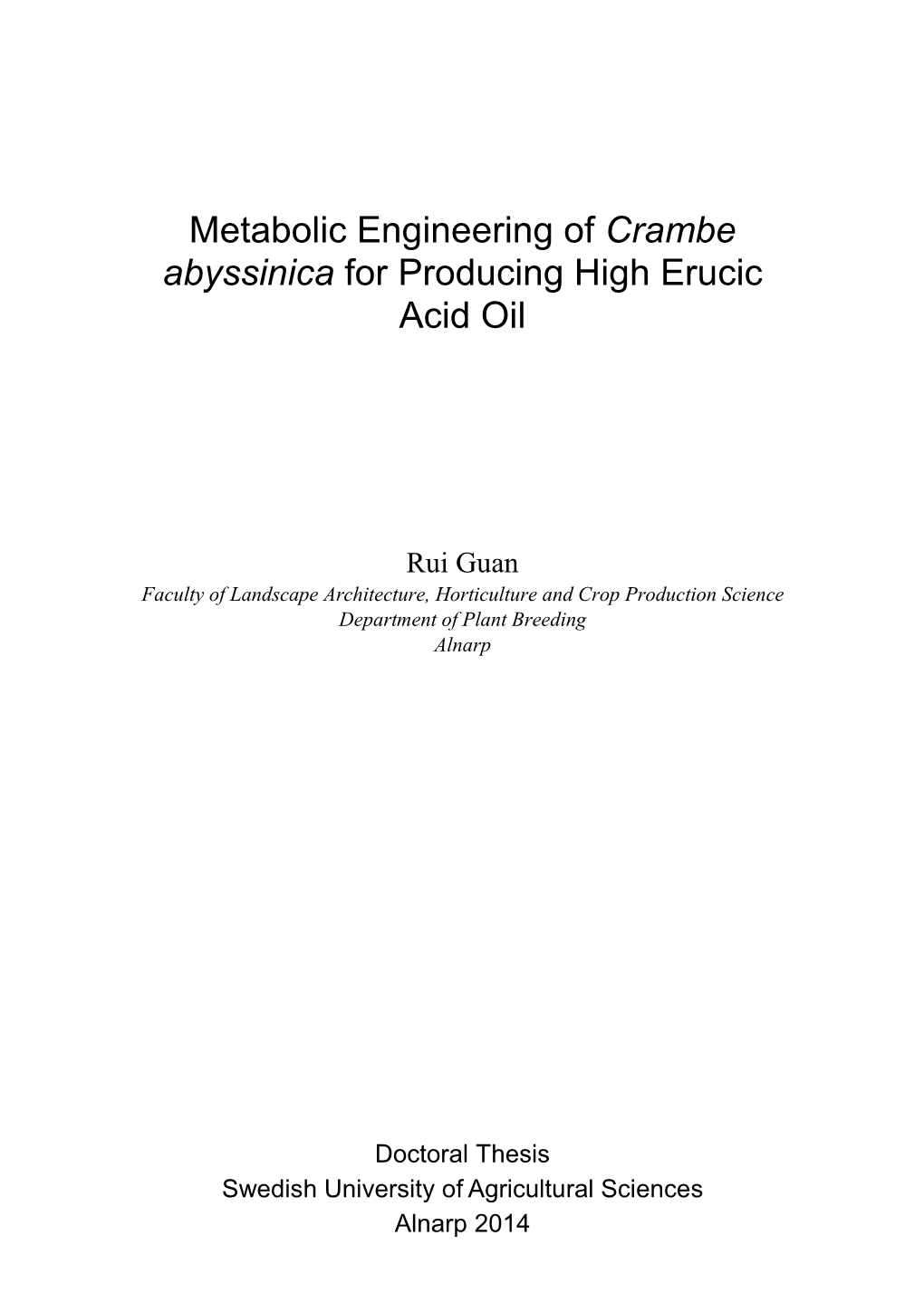 Metabolic Engineering of Crambe Abyssinica for Producing High Erucic Acid Oil