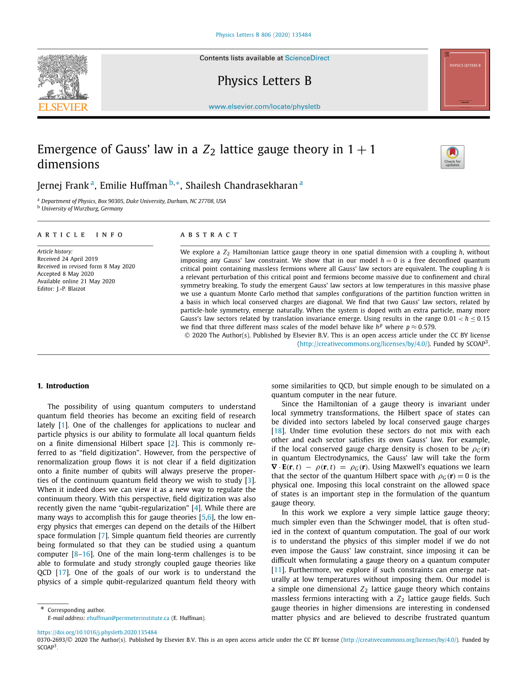 Emergence of Gauss' Law in a Z2 Lattice Gauge Theory in 1+1