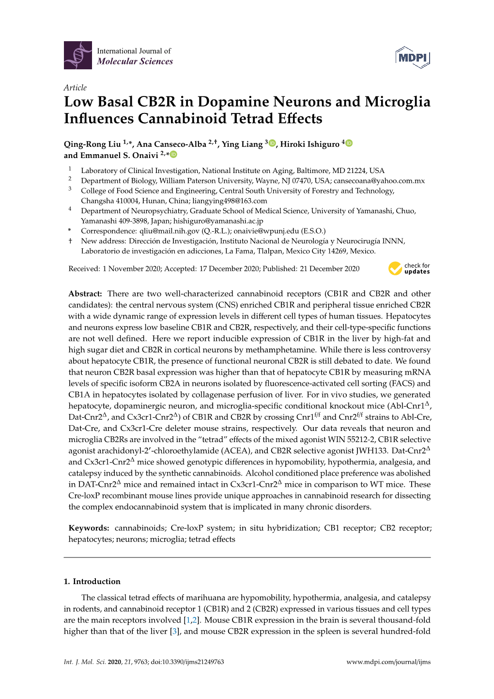 Low Basal CB2R in Dopamine Neurons and Microglia Inﬂuences Cannabinoid Tetrad Eﬀects