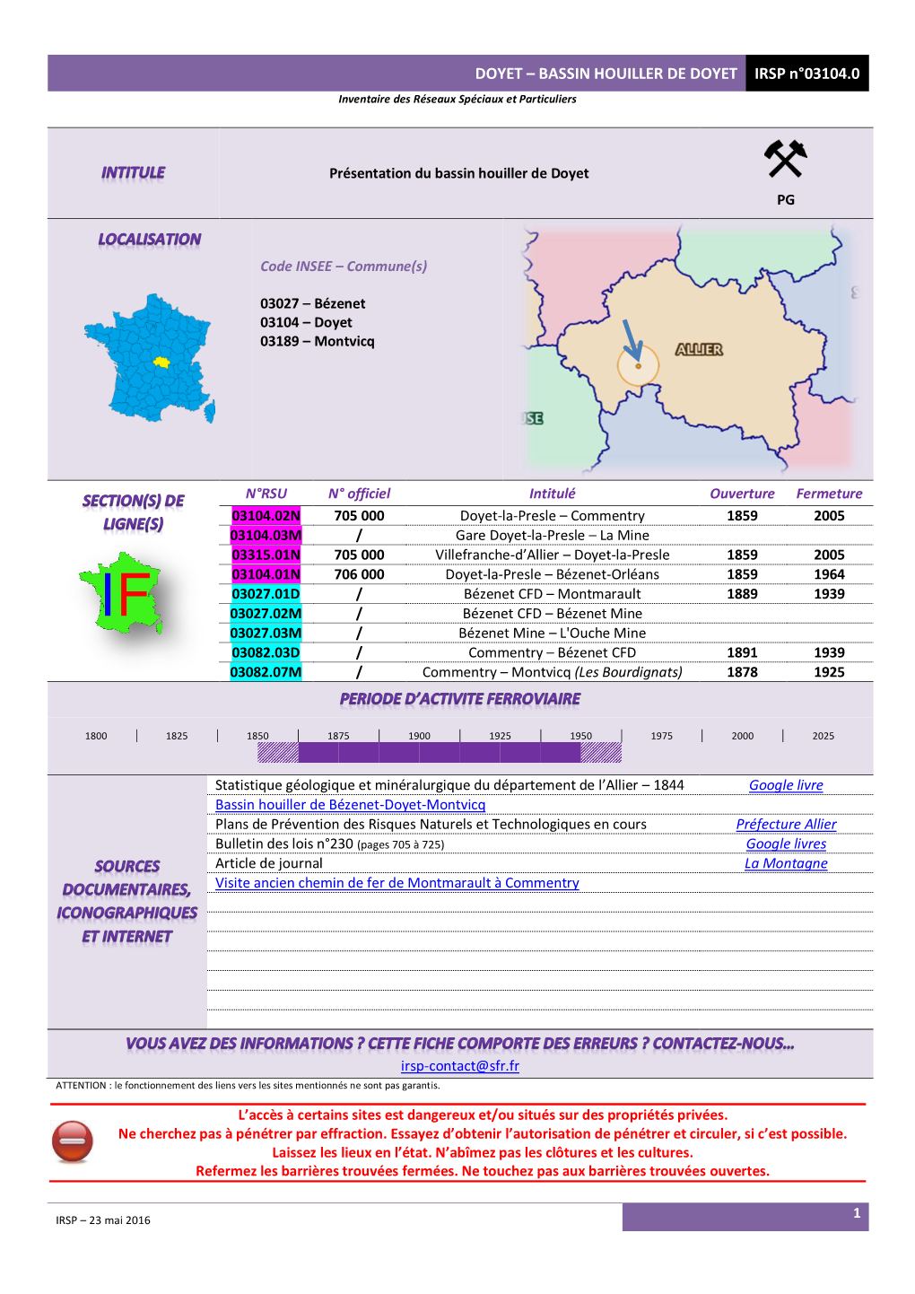 BASSIN HOUILLER DE DOYET IRSP N°03104.0 Inventaire Des Réseaux Spéciaux Et Particuliers