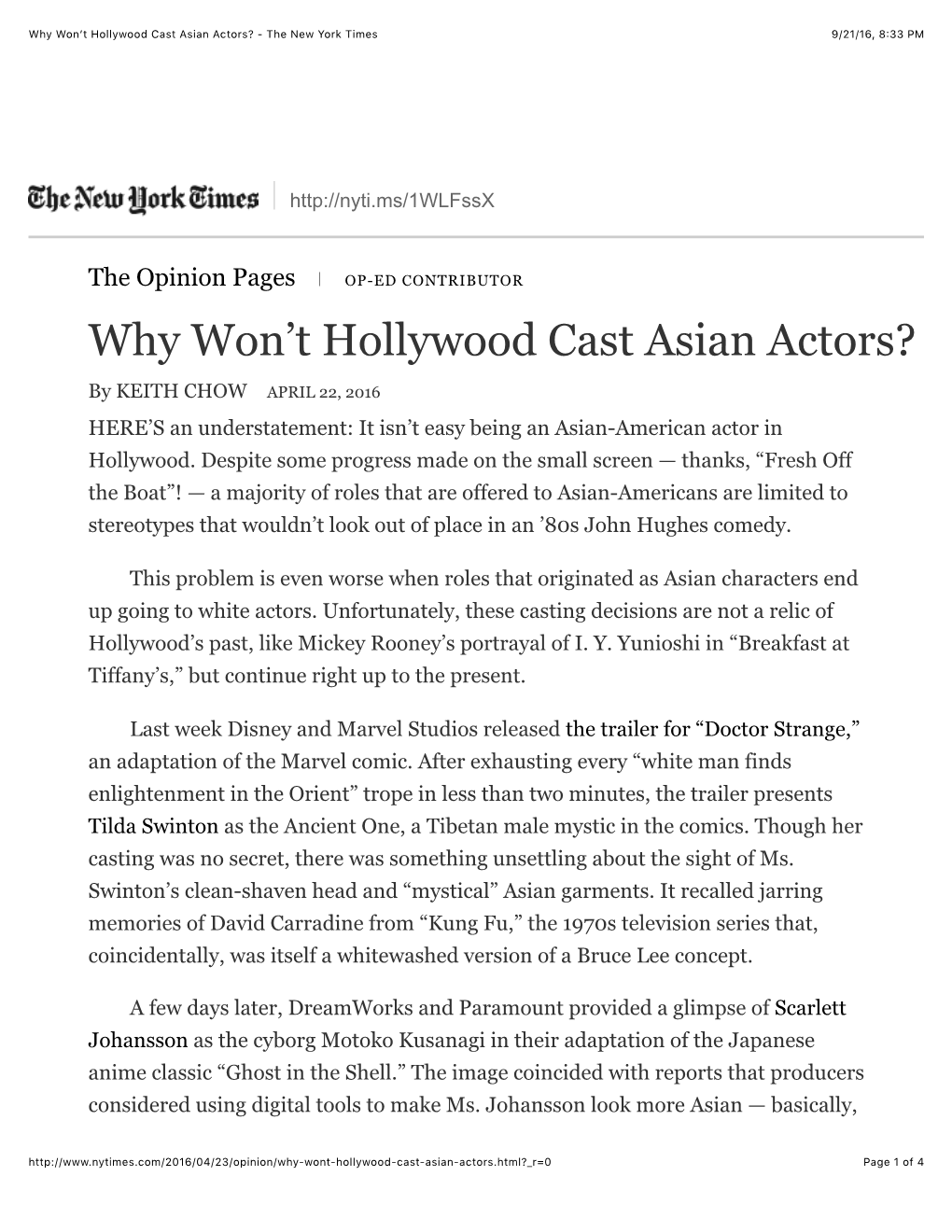 Why Won't Hollywood Cast Asian Actors?