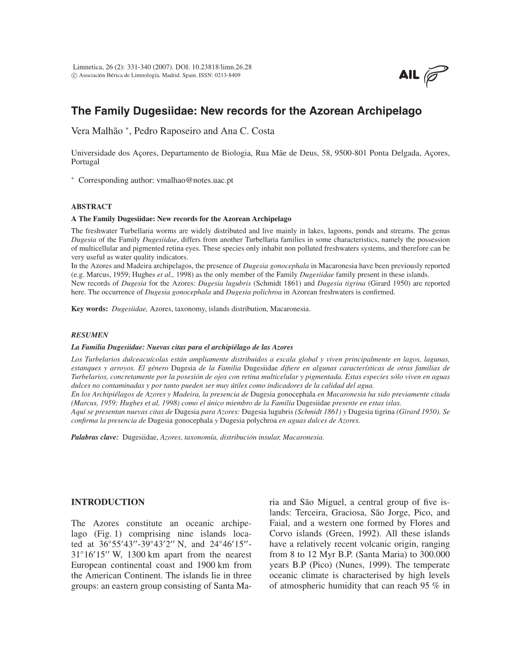 The Family Dugesiidae: New Records for the Azorean Archipielago