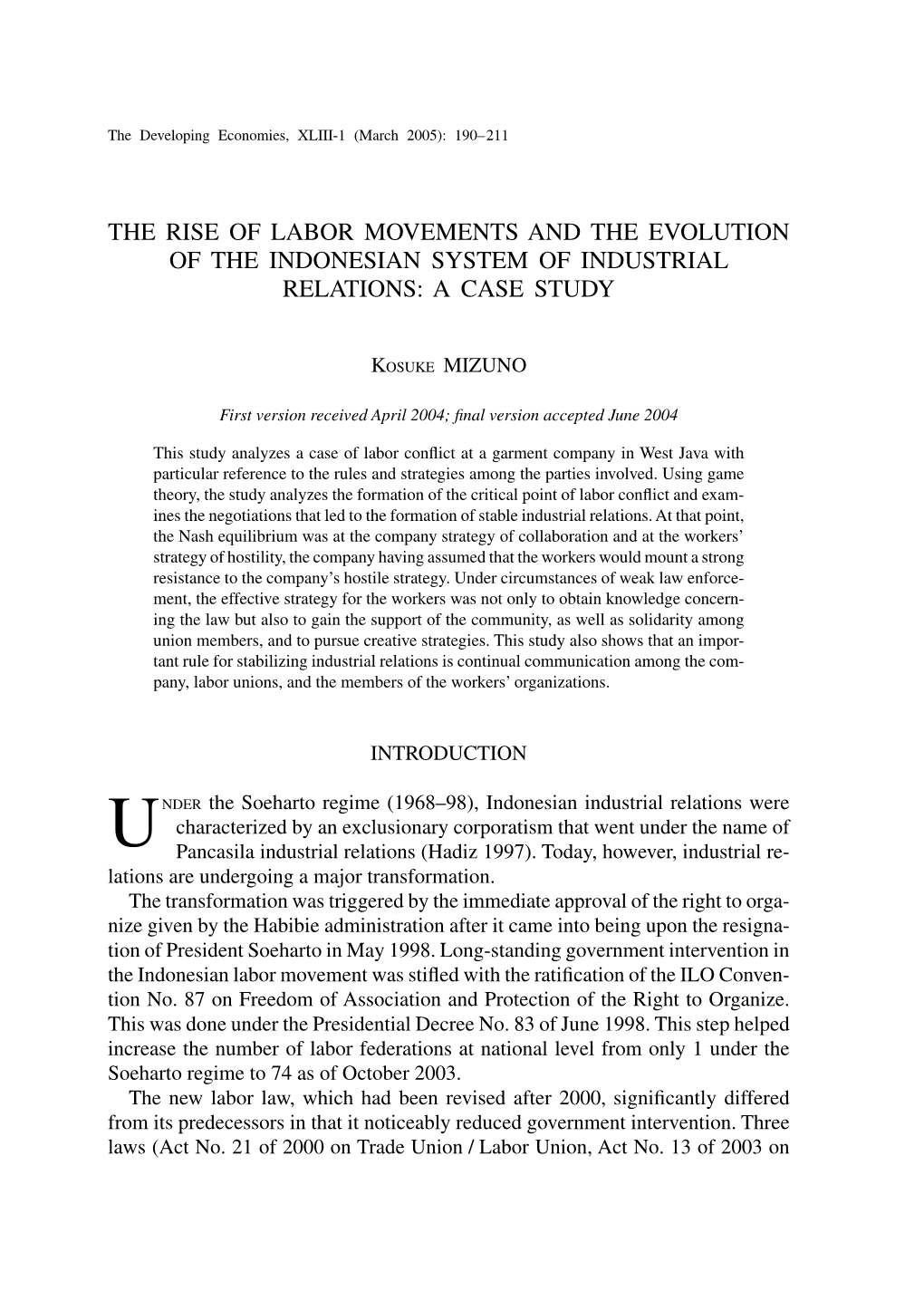 The Rise of Labor Movements and the Evolution of the Indonesian System of Industrial Relations: a Case Study