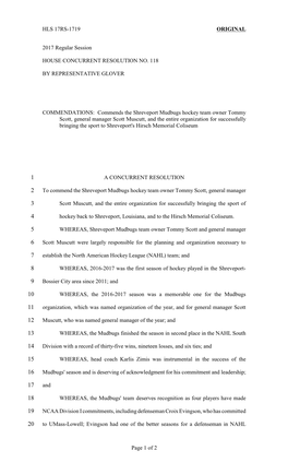 HLS 17RS-1719 ORIGINAL 2017 Regular Session HOUSE CONCURRENT RESOLUTION NO. 118 by REPRESENTATIVE GLOVER COMMENDATIONS